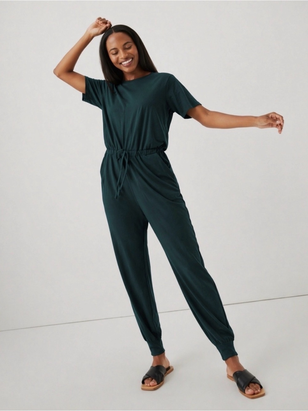 Pact | Organic Cotton Relaxed Slub House Short Sleeve Jumpsuit Dark Teal, M